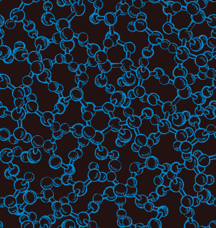 Natural macro bacteria skelet life ball shape chain on black space backdrop. Gas acid discovery lab object concept. Linear blue ink hand drawn sign sketch in modern school art graphic silhouette styleのイラスト素材