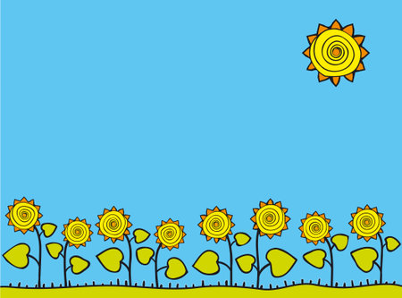 Stylized vector frame. A field of sunflowers sunlitのイラスト素材