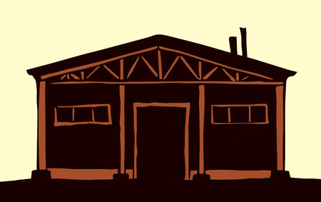Modern big red metal close bar shack facade gate set on white sky text space. Outline black hand drawn old historic organic food land hay plant farmer store logo image design. Retro art cartoon styleのイラスト素材