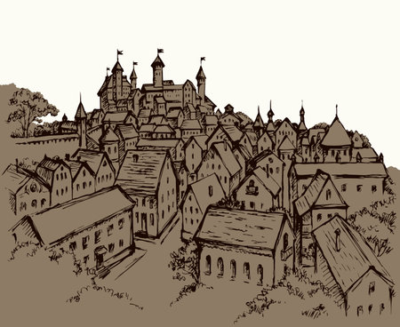 Aged romantic small rustic downtown road place scenic view. Outline black ink hand drawn big rural dome scene picture design. Doodle line art engrave style France scenery white sky text space backdropのイラスト素材