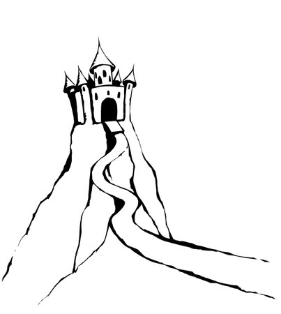 High aged royalty cute line turret scene on mount on white sky backdrop. Outline black ink hand drawn fantasy story tale prison road sign icon picture in art retro engrave doodle style on text spaceのイラスト素材