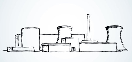 Hazard radiation smog storage built on white backdrop. Outline black ink hand drawn big waste engineer  pictogram design in modern art doodle cartoon style on paper text space. Line landscape viewのイラスト素材
