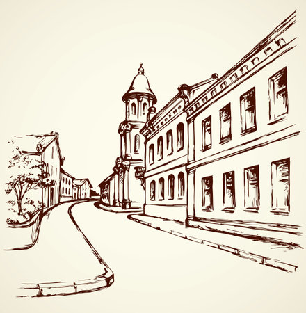 Aged romantic summer downtown place with old medieval edifice. Freehand outline ink hand drawn picture sketchy in art retro doodle graphic style pen on paper and space for text on white sky backgroundのイラスト素材