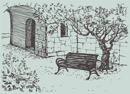 Vector Sketch. A comfortable bench under the shade of a tree in an old quiet courtyardのイラスト素材