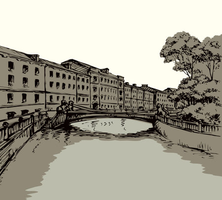 Aged famous line stone coast channel road fence scene. Outline black ink hand drawn scenery picture in art antique doodle cartoon engrave style pen on paper. St Peter scenic view text space white skyのイラスト素材