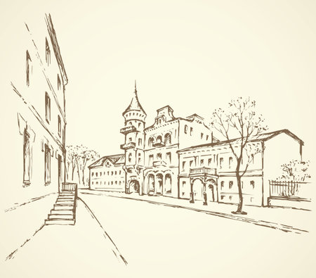Aged romantic downtown square place with medieval edifice and space for text on sky backdrop. Ukrainian scenic view. Freehand outline ink drawn picture sketchy in art retro scribble style pen on paperのイラスト素材