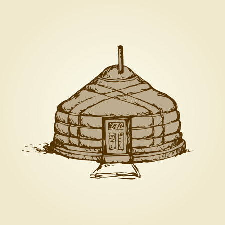 Portable circle urta covered with skin or felt isolated on white backdrop. Freehand outline black ink hand drawn picture sketch in art retro scribble style pen on paper. Front view and space for textのイラスト素材
