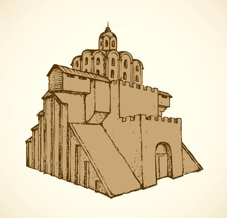 Golden Gate, memorial monument in Kyiv. Medieval tall construction of wooden beams and brick wall. Freehand outline ink hand drawn picture icon sketchy in art doodle style pen on paper backgroundのイラスト素材