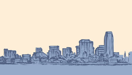 Panorama of waterfront street multistory structure business center of midtown docks harbor. Freehand ink drawn background sketch in art scribble style pen on paper with space for text on skyのイラスト素材