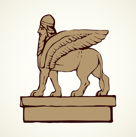 Stone carving cult bearded angel keeper Shedu griffon bas-relief statuette. Hand drawn emblem image sketch in retro art engraving style and space for text on white paper background. Old profile personのイラスト素材