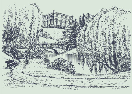 Vector landscape. A cozy corner of the palace park with a bench near the bridge over the riverのイラスト素材
