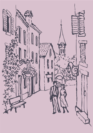 Vector cityscape. Couple in love walking along the narrow old streetのイラスト素材