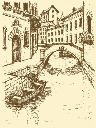 Vector cityscape. Sketch of narrow medieval Venetian street with gondola near steps leading to the channelのイラスト素材