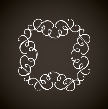 Old cute romantic book ribbon bow swirly tag swoosh element isolated on dark black board backdrop. Freehand white chalk outline drawn curly logo sketchy in artistic rustic curlicue scrawl styleのイラスト素材