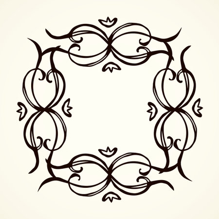 Old cute romantic book ribbon bow swirly tag swoosh element isolated on white paper card backdrop. Freehand black ink pen outline drawn curly corner sketchy in artistic rustic curlicue scrawl styleのイラスト素材