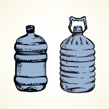 New huge blue capped jug flask isolated on white background. Freehand outline ink hand drawn logo pictogram sketchy in art retro scribble style pen on paper. View closeup with space for text on labelのイラスト素材