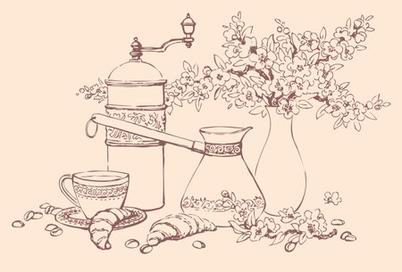 Vector still life. A sketch of a coffee accessories, croissants and a bouquet of spring flowering branches in a vaseのイラスト素材