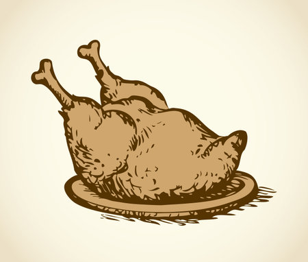 Flavor appetizing tasty grilled partridge on plate isolated on white backdrop. Monochrome freehand ink hand drawn backdrop sketchy in art scribble vintage style pen on paper with space for textのイラスト素材