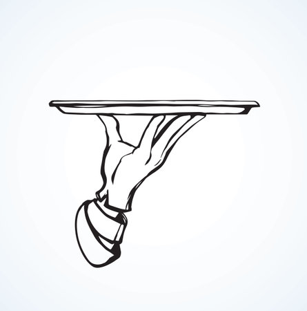 Classic elegant waitress server palm give salver on white backdrop. Freehand outline black ink drawn picture order logo sign sketchy in retro art doodle cartoon etch style pen on paper with space for textのイラスト素材