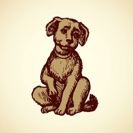Small beige puppy on floor wagging his tail isolated on white backdrop. Freehand outline ink hand drawn picture sketchy in art doodle retro style pen on paperのイラスト素材
