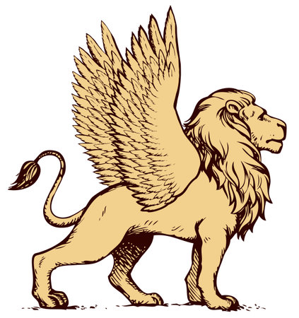 Powerful pretty beautiful young strong large lio standing with open fluffy wings. Vector freehand ink drawn background sketch in art scribble antiquity style pen on paper. Side view with space for textのイラスト素材