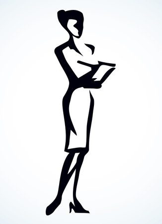 Adult school career leader lady seminar speaker notepad explain lecture study training. Outline black ink pen hand drawn modern human   doodle line cartoon sketch white paper note book vector styleのイラスト素材
