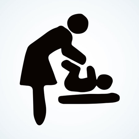 Outline old unisex rest lady mum loo set element on white door. Line black hand drawn simple flat web public gender infant love   emblem label design button image in modern art doodle cartoon styleのイラスト素材