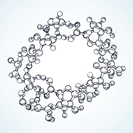 Natural macro bacteria skelet life ball shape chain on white space backdrop. Gas acid discovery lab object concept. Linear ink hand drawn   sign sketch in modern school art graphic silhouette styleのイラスト素材
