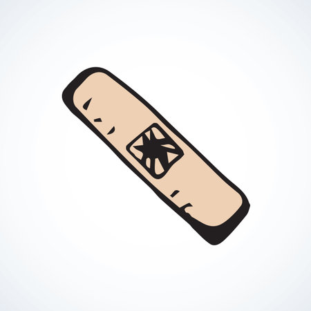 Firstaid elastic plastic emplastrum isolated on white background. Web outline cartoon   concept. Freehand linear black ink hand drawn flat emblem sketchy in retro doodle graphic style pen on paperのイラスト素材