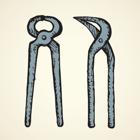 Old grunge rusty iron jaw adjustable tighten forceps on white backdrop. Freehand linear black ink drawn picture emblem sketchy in art retro scribble contour graphic style pen on paper. Closeup viewのイラスト素材