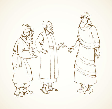 Aged bearded noble babylonia chaldean in middle east sumer semitic Aramean judaic attire: linen tunic, old hat, boots with laces. Line ink hand drawn phoenician talk picture in retro engraved styleのイラスト素材