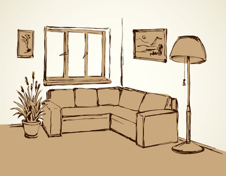 Big angle daybed on light hotel floor backdrop. Freehand linear black ink hand drawn decor design project sketchy in art retro cartoon scribble engraving style pen on paper with space for text on wallのイラスト素材