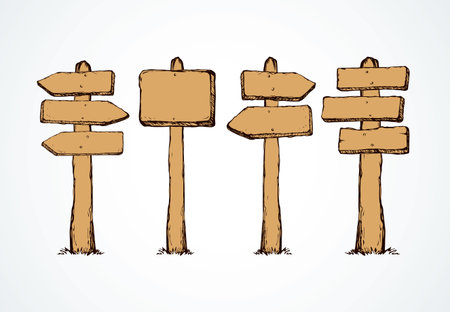 Aged rough brown wood stand isolated on white backdrop. Freehand outline black ink hand drawn picture in art grunge retro contour scribble graphic style pen on paper. View closeup with space for textのイラスト素材