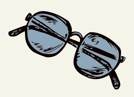 Uv ray polarized tint hip unisex ocular model on light backdrop. Freehand outline dark hand drawn old metal   pictogram emblem design in art doodle retro style pen on paper text space. Closeup viewのイラスト素材