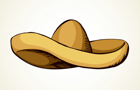 Ancient classic fun big brim sumbrero object on white backdrop. Freehand outline black ink hand drawn   emblem pictogram sketchy in rural art doodle style pen on paper space for text. Closeup viewのイラスト素材