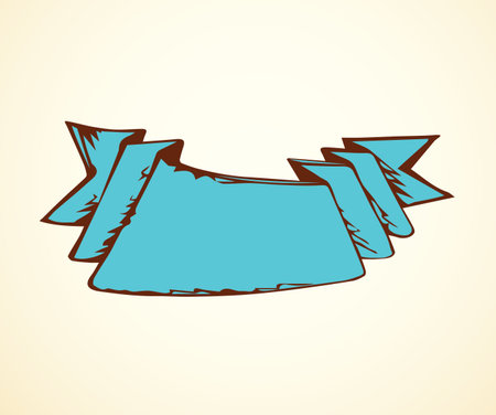 Big old trade curl blank blue romantic title list sheet tape isolated on white backdrop. Outline cyan ink hand drawn icon sign sketchy in art scribble retro style pen on card and space for textのイラスト素材
