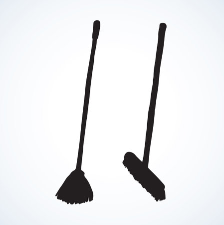 Old plastic filaments broom on long holder isolated on white backdrop. Dark ink hand drawn picture in art retro contour style. View closeup with space for textのイラスト素材
