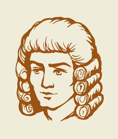 Line closeup legal law judicial venetian baroque periwig dress set. Outline black hand drawn royal europe france theater lord artist character logo sign icon art ancient cartoon design. Close up viewのイラスト素材