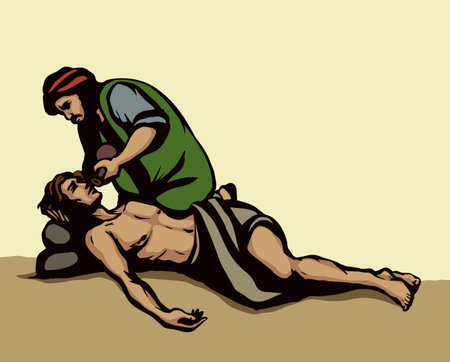Antique east arab saint human relief dead path way road white sky. Line black hand drawn adult ill beat social poor strip sick icon picture. Retro holy biblic lord god Christ gospel vector art sketchのイラスト素材