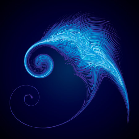 Bright cold cyan circle midpoint drawing shape art design. Big fuzzy magic sphere form in modern artist cartoon creative line style. Navy aqua color motley power boom ball symbol on dark fond for textのイラスト素材