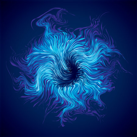 Bright cold cyan circular midpoint shape mystic art design. Sacred magic soul disc sphere form in modern creative tech line style. Navy aqua color motley power blast ball symbol on dark fond for textのイラスト素材