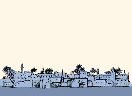 Aged middle east antique turkey orient palm tree oasis scene view with vintage tower dwelling. Outline ink hand drawn picture sketch in retro silhouette graphic style with place for text on white skyのイラスト素材