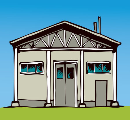Modern big red metal close bar shack facade gate set on white sky text space. Outline black hand drawn old historic organic food land hay plant farmer store logo image design. Retro art cartoon styleのイラスト素材