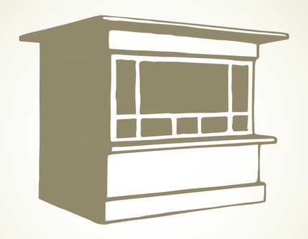 Local market mall cash booth boutique box stand house exterior. White text space. Black line hand empty town fruit cook hut symbol. Small urban cooking ice cream rack in art retro book cartoon styleのイラスト素材