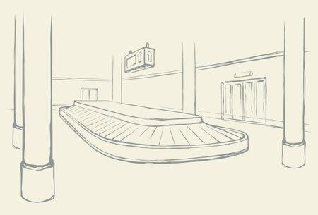 Air empty logistic schedule cargo carousel band track on white background. Black line hand drawn trip gate trolley pick machine design sketch in modern cartoon style pen on paper with space for textのイラスト素材
