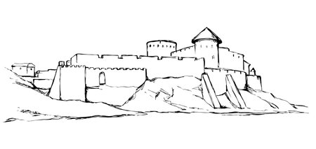 Eastern Belgorod country, Odessa region view. Arabic stone rock wall palace ruin on hill scene at sea bay sky. Outline black hand drawn aged picture in art retro engraved style on white paper for textのイラスト素材