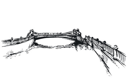 Aged russian arch bridgework path on pond coast scene. Outline black hand drawn creek channel square scenery picture. Retro art doodle cartoon line style. Panoramic scenic view text space on white skyのイラスト素材