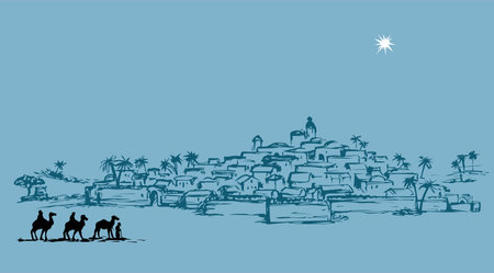 Old east xmas journey bible scene. Historic comet go to messiah village. Black ink hand drawing noel gospel story picture sketch as vintage art graphic card with copyspace for text on blue evening skyのイラスト素材