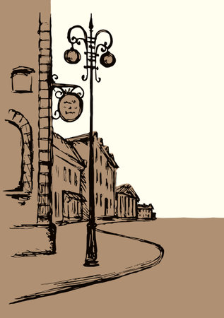 Aged romantic stone France edifice center. Pave alley way scenic view. Sky text space backdrop. Outline ink pen hand drawn people travel. Tourism scene picture symbol artist engrave pencil paper styleのイラスト素材