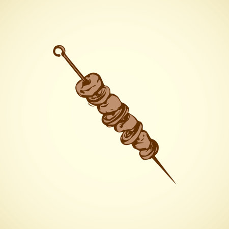 Appetizing traditional turkish culinary fried souvlaki yakitori shishkebab isolated on white backdrop. outline ink hand drawn picture icon sketch in art vintage doodle graphic style and space for textのイラスト素材